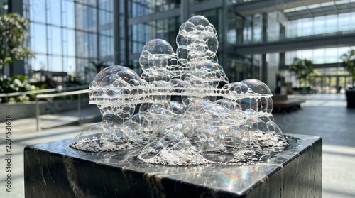 An abstract sculpture made of soap bubbles, set on a marble pedestal — a transparent, light-reflecting installation in the style of contemporary art.