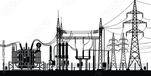 High voltage power substation electrical grid distribution infrastructure with large transformers pylons lines transmission towers and wire cables
