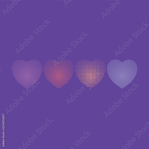 Set of 4 colorful halftone heart shapes with gradient dot patterns on purple background
