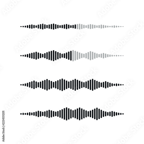 Set of 4 sound wave line icons and audio frequency waveforms isolated on white background
