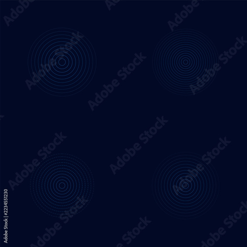 Set of 4 blue concentric circle wave patterns and radar sonar signal elements isolated on dark background
