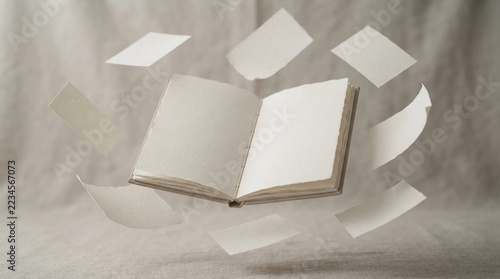 Floating sheets of deckle edge paper around open empty textbook concept of creativity