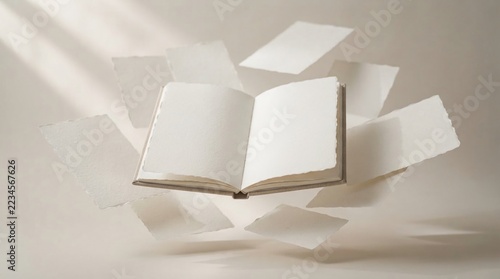 Floating sheets of deckle edge paper around open empty textbook concept of creativity