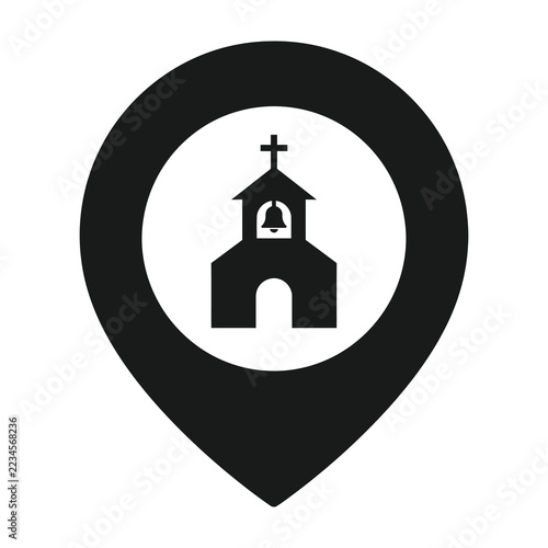 Black church icon with cross on steeple in map pin