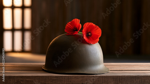 Military helmet with red poppy flowers on a wooden table  