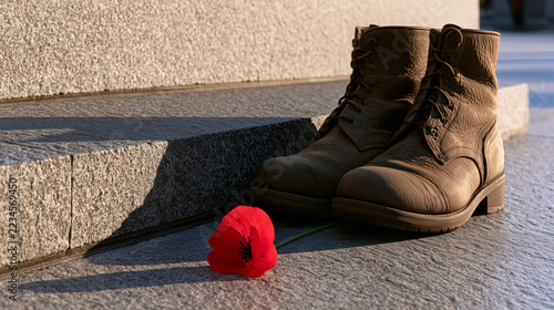 Military boots and a red poppy on a stone surface for Remembrance Day  