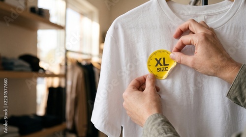 Hands holding yellow XL size sticker on white t-shirt. Close-up of clothing sizing label in retail store setting ideal for fashion marketing and apparel shoppin