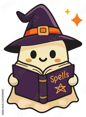 Cute Little Ghost Wearing Witch Hat Reading Magic Spells Book Halloween Vector
