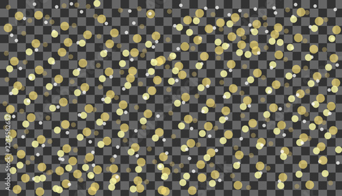 Golden bokeh dots and glitter particles pattern on transparent background vector illustration
