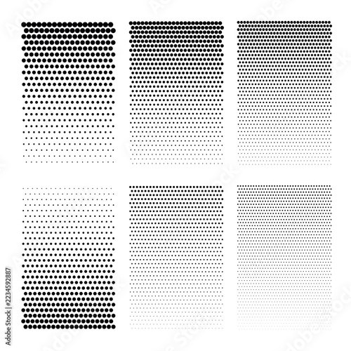 Halftone Dots Gradient Patterns Set and Black Dotted Textures Vector Isolated on White Background.
