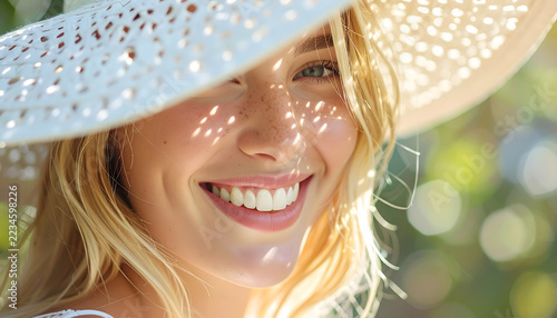 High-Key Summer Portrait of Woman in Straw Hat with Lace Shadows.