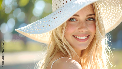 High-Key Summer Portrait of Woman in Straw Hat with Lace Shadows.