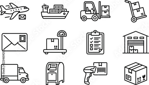 Minimalist line art set of 12 logistics shipping and freight transport vehicle icons. Delivery truck, airplane, cargo ship, forklift, parcel box, warehouse, and barcode scanner