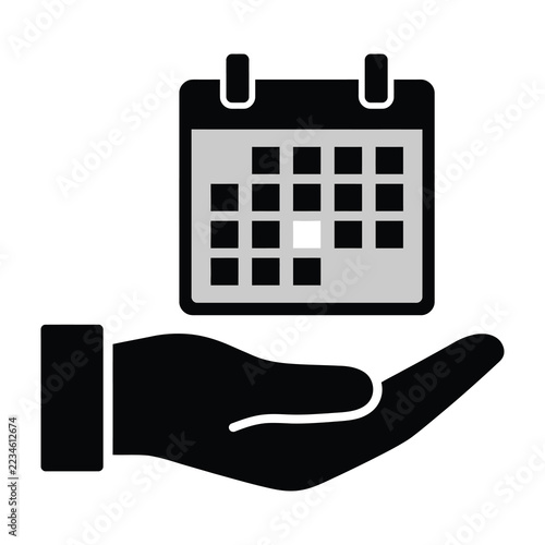 Hand holding calendar icon with black and white design on white background