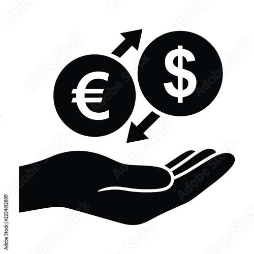 Currency Exchange Icon Featuring Euro and Dollar Coins Above an Open Human Hand