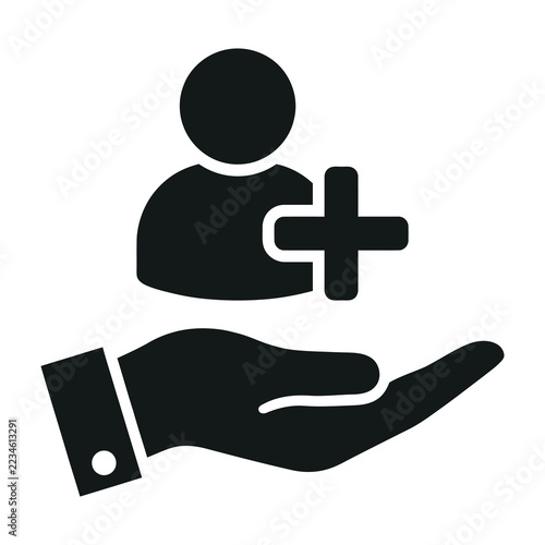 Hand supporting person with medical plus sign symbol