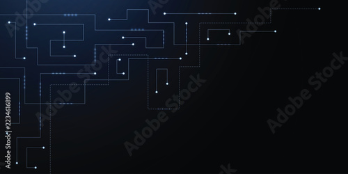 Abstract dark technology circuit background with glowing connected lines and nodes, digital network interface, futuristic blue grid banner with copy space