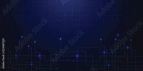 Dark blue technology circuit network background with glowing lines and nodes, digital connection grid, futuristic interface wallpaper with copy space
