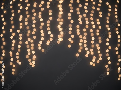 Vertical strings of golden bokeh lights hanging against a dark grey background