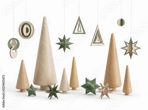 Wooden christmas decorations with trees and geometric hanging ornaments set