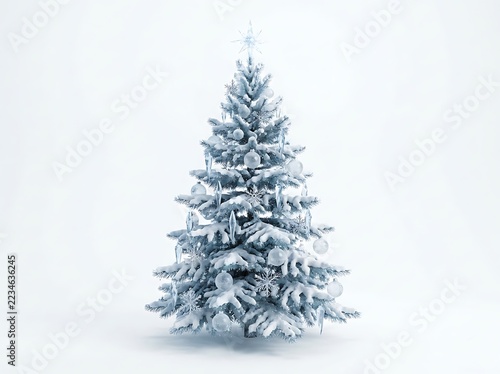 Snowy christmas tree decorated with glass ornaments and icicles on white