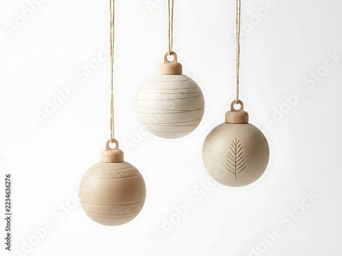 Three minimalist christmas baubles made of matte ceramic with wood accents