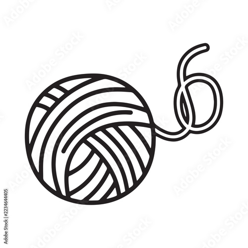 Ball of yarn with trailing end black and white line drawing