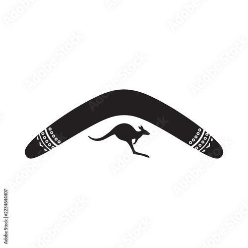 Black silhouette of a boomerang with a leaping kangaroo on a white background