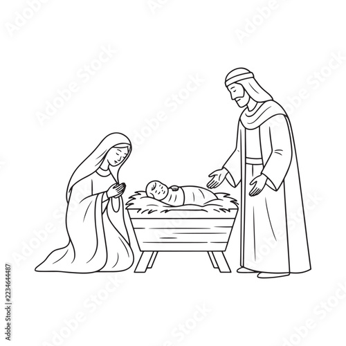Nativity scene illustration depicts mother father and baby jesus in a manger