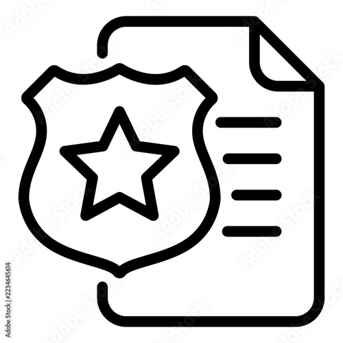Insurance Claim Document Icon with Security Shield and Star Symbol, Representing Protection Policy, Legal Police Report, Guarantee Form, and Safety Coverage in Minimalist Black Line Art Style