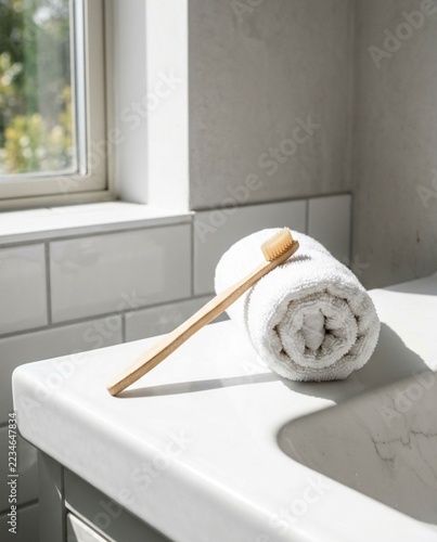 Bamboo Toothbrush Leaning On Rolled Towel On Bathroom Sink
