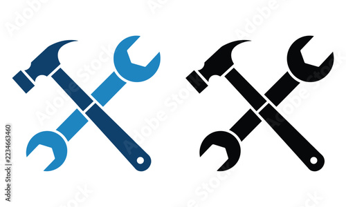 Professional crossed hammer and wrench tools for repair service on a clean white backdrop