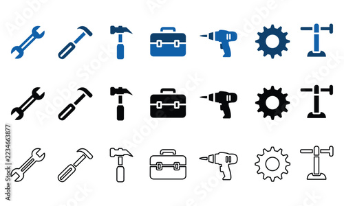 Set of professional hardware tool icons for repair and construction on white background