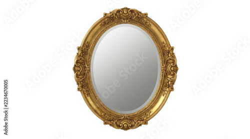 Vintage oval wall mirror in ornate gilded gold frame isolated on transparent background