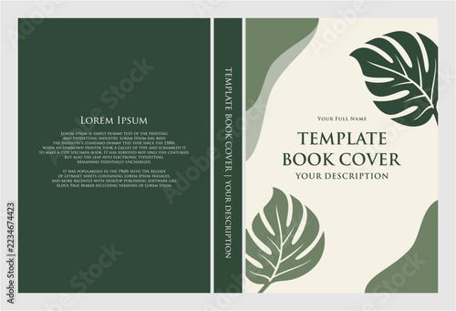 Minimalist botanical book cover template featuring monstera leaves on a light background with a solid green back cover and spine design.