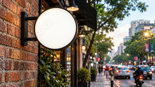 Glowing Blank Round Sign Mockup on Brick Wall Outside Urban Storefront