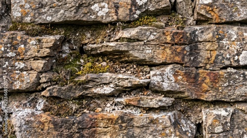 Old Weathered Stone Wall Texture with Moss and Lichen