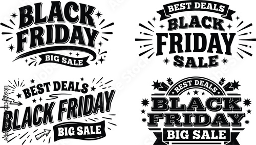 Black Friday big sale typography set featuring bold lettering with decorative ribbons stars and burst elements for retail marketing promotions isolated on a clean white background for commercial use