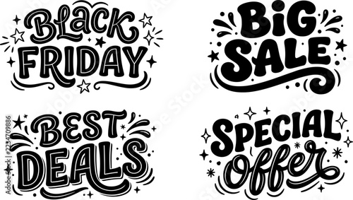 Black Friday Big Sale Special Offers Best Deals vector illustration with decorative stars and swirls