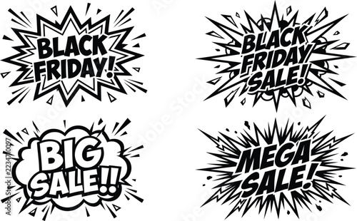 Black Friday sale comic speech bubbles with bold text and explosive shapes for retail marketing promotions isolated on white background as a vector illustration set for commercial advertising
