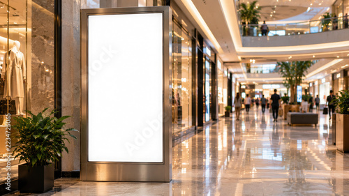 A large vertical blank digital display stand located in the middle of a modern shopping mall hallway