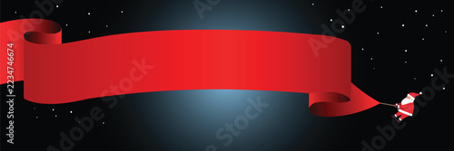 A red ribbon banner is pulled by santa claus against a dark starry background creating a festive illustration holiday winter