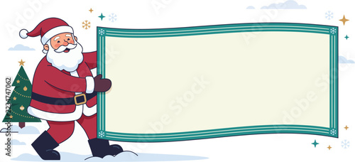 A cheerful santa claus holds a rectangular frame decorated with festive elements in a vector illustration holiday winter christmas celebration