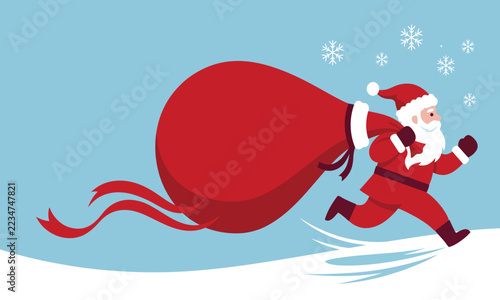 Santa claus carrying a large red sack runs across a light blue winter background vector illustration figure character holiday seasonal