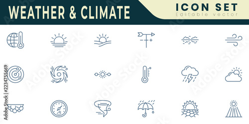 Weather And Climate icon set. Editable Stroke Vector Set. Line Icon.