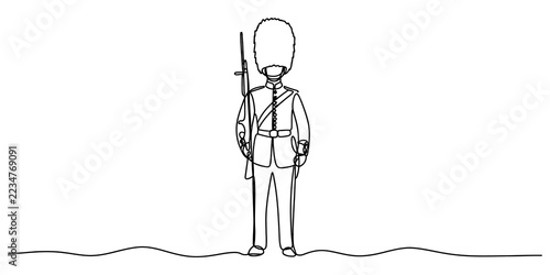 Photography Continuous single line drawing of a British royal guard standing with a rifle in