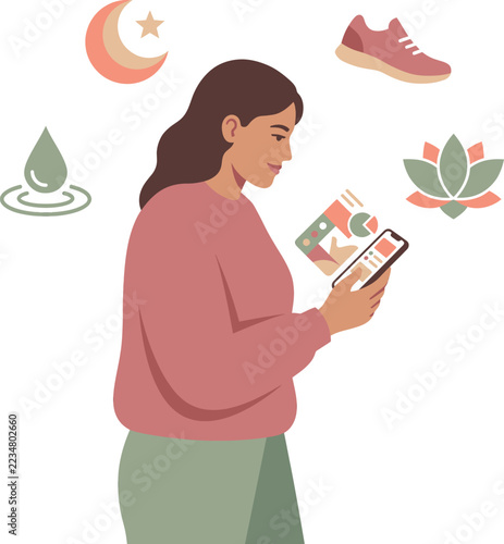 Woman browsing wellness app with icons moon water shoes lotus