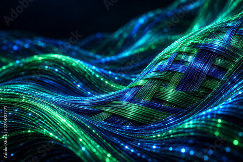 Blue and Green Fiber Optic Weave with Glowing Waves