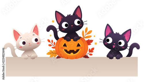 Cute Halloween Kittens with Googly Eyes and Orange Autumn Pumpkin Vector Illustration Isolated on Transparent Background