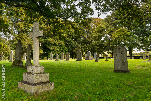 Old stone gravestones and cross in maintained graveyard with trees branches and green leaves over hanging the scene